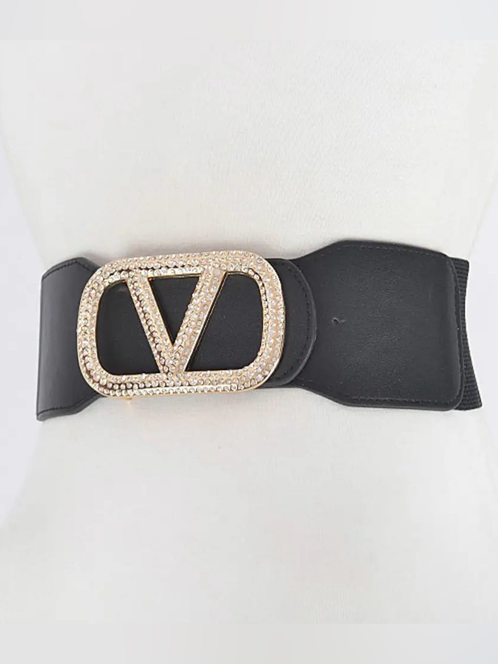 Black Elastic Waist Belt with Gold Crystal Buckle Stretches to 41”